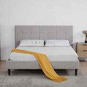 Eowynne Modern Bed Frame – Soft Light Grey Fabric & Solid Wood Design
