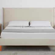 Rafiel Modern Bed Frame – Soft Oatmeal Fabric & Solid Wood Design